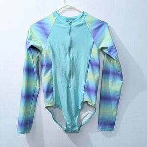Zella One Piece Front Zipper Long Sleeve Swimsuit Thumb Holes Girls 16